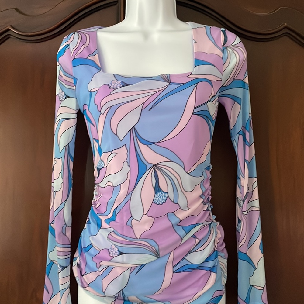 BAR III Abstract Swirl Print Mesh Top XS Y2K Pucci Inspired NWT